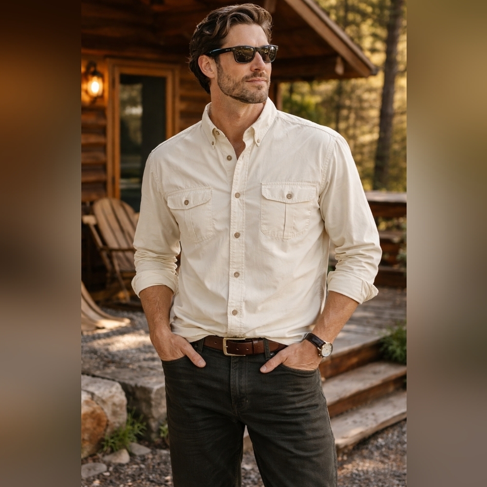 Beretta Men’s Cream Long Sleeve Button-Up Shirt | Medium | Outdoor Field Casual